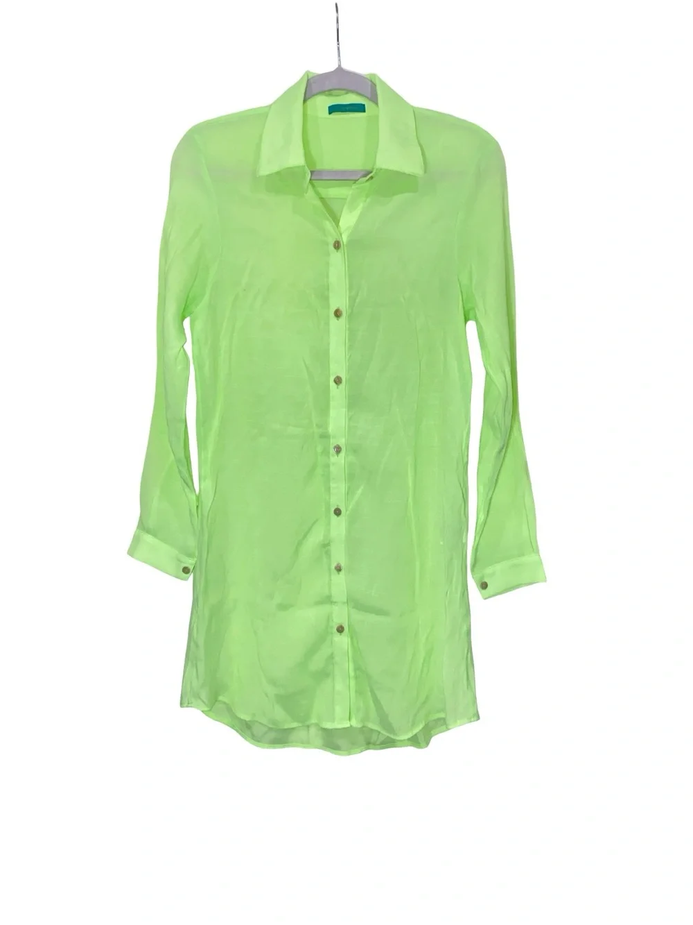 Cia Maritima Neon‎ Green Sheer Button Down Swim Cover Up Shirt Dress Size S